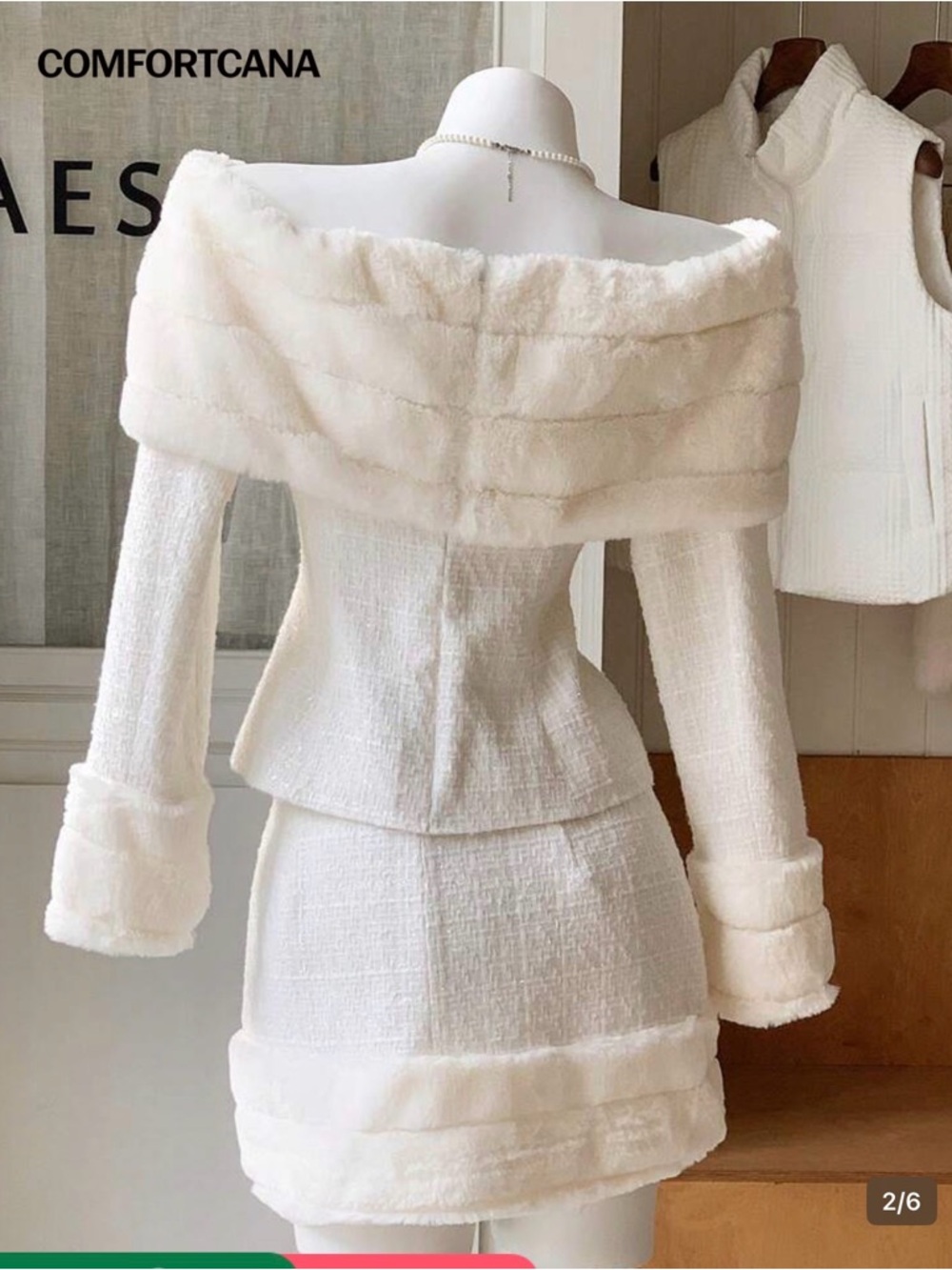 White Faux-Fur Trim Tweed Mini Skirt and matching top - Picture 2 of 6